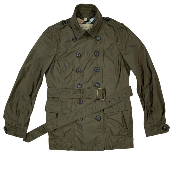 Burberry Brit Double Breasted Trench Coat Jacket US 8 Green Belted Utility Fall - Picture 15 of 16